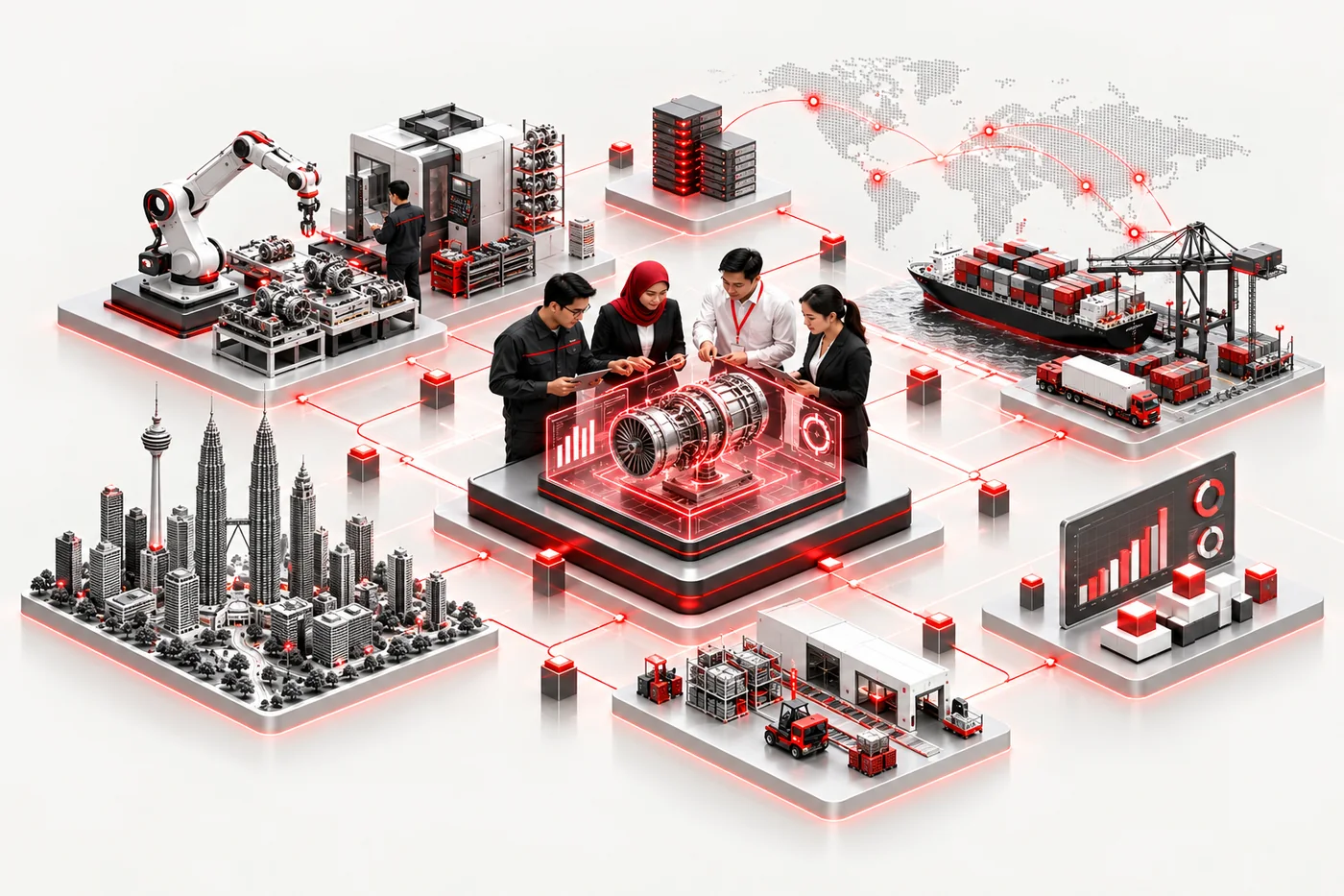 Isometric view of the ICP ecosystem: Malaysian engineers reviewing a turbine model, linked to robotic manufacturing, the Kuala Lumpur skyline, shipping and global partners